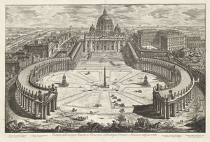 Sint-Pietersplein met de Sint-Pietersbasiliek te Vaticaanstad Widok na słynną Bazylikę Watykańską z dużym portykiem i przyległym Piazza (tytuł na obiekcie) Gezichten op Rome (tytuł serii) Widoki Rzymu zaprojektowane i wyryte przez Giambattista Piranesi arc