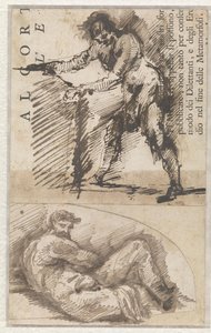 Studium stojącej postaci męskiej mierzącej cokół (a). Studium według Il Giorno Michała Anioła (b) autorstwa Giovanni Battista Piranesi