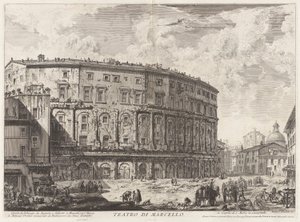 Teatr Marcellusa. Ten budynek został zbudowany przez Augusta i poświęcony jego bratankowi Marcellusowi, z Vedute di Roma (Widoki Rzymu) autorstwa Giovanni Battista Piranesi