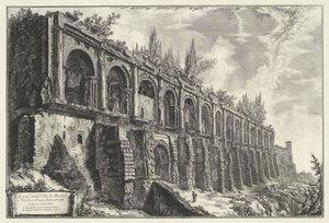 Tempel van Hercules Victor t i Tivoli Pozostałości Villa di Mecenate w Tivoli, zbudowane z trawertynów o niepewnej pracy (tytuł na obiekcie) Gezichten op Rome (tytuł serii) Widoki Rzymu zaprojektowane i wyryte przez architekta Giambattistę Piranesiego Ve ( autorstwa Giovanni Battista Piranesi