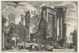 Tempel van Vesta en de Tempel van de Tiburtijnse Sibille w Tivoli Inny widok na świątynię Sybilli w Tivoli (tytuł na obiekcie) Gezichten op Rome (tytuł serii) Widoki Rzymu zaprojektowane i wyryte przez architekta Giambattistę Piranesiego Ve (nez) iano (ser autorstwa Giovanni Battista Piranesi
