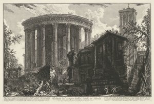 Tempel van Vesta en de Tempel van de Tiburtijnse Sibille w Tivoli Widok świątyni Sybilli w Tivoli (tytuł na obiekcie) Gezichten op Rome (tytuł serii) Widoki Rzymu zaprojektowane i wyryte przez architekta Giambattistę Piranesiego Ve (nez) iano (seria ti autorstwa Giovanni Battista Piranesi
