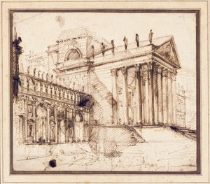 Portyk i fasada skomplikowanego neoklasycystycznego budynku autorstwa Giovanni Battista Piranesi