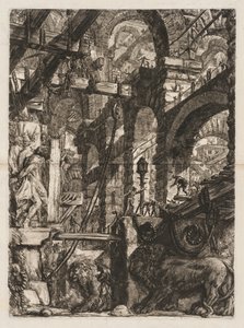 Więzienia: perspektywa rzymskich łuków, z dwoma lwami wyrzeźbionymi w reliefie..., 1745-50. autorstwa Giovanni Battista Piranesi