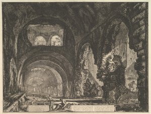 Tak zwana willa Mecenasa w Tivoli. Wnętrze z dwiema postaciami w otworze..., ca. 1764. autorstwa Giovanni Battista Piranesi