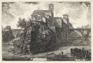 Tibereiland w Rzymie Widok Tybru (tytuł na obiekcie) Gezichten op Rome (tytuł serii) Widoki Rzymu zaprojektowane i wyryte przez architekta Giambattistę Piranesiego Ve (nez) iano (tytuł serii) autorstwa Giovanni Battista Piranesi