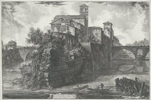 Tibereiland w Rzymie Widok Tybru (tytuł na obiekcie) Gezichten op Rome (tytuł serii) Widoki Rzymu zaprojektowane i wyryte przez architekta Giambattistę Piranesiego Ve (nez) iano (tytuł serii) autorstwa Giovanni Battista Piranesi