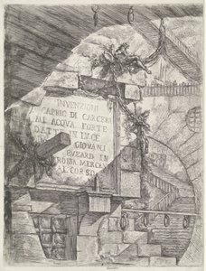 Nadruk tytułowy z twarzą w lochu i tytułem na ścianie Lochy (tytuł serii) Invenzioni Capric di Carceri all Acqua Forte (tytuł serii na obiekcie) autorstwa Giovanni Battista Piranesi