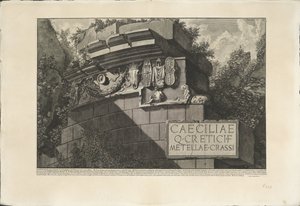Tombe van Caecilia Metella w Rzymie Fragment istniejącej do dziś Fasady Grobu Cecylii Metelli z ozdobami (tytuł na obiekcie) Archeologische vondsten in en rond Rome (tytuł serii) Starożytności rzymskie (tytuł serii) autorstwa Giovanni Battista Piranesi