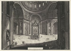Transept van de Sint-Pietersbasiliek te Vaticaanstad Widok wnętrza Bazyliki Świętego Piotra w Watykanie w pobliżu Tribuna (tytuł na obiekcie) Gezichten op Rome (tytuł serii) Widoki Rzymu zaprojektowane i wyryte przez architekta Giambattistę Piranesiego Ve  autorstwa Giovanni Battista Piranesi