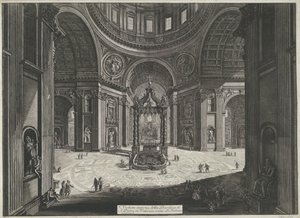 Transept van de Sint-Pietersbasiliek te Vaticaanstad Widok wnętrza Bazyliki Świętego Piotra w Watykanie w pobliżu Tribuna (tytuł na obiekcie) Gezichten op Rome (tytuł serii) Widoki Rzymu zaprojektowane i wyryte przez architekta Giambattistę Piranesiego Ve  autorstwa Giovanni Battista Piranesi