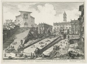 Trappen naar Piazza del Campidoglio en de Santa Maria in Aracoeli te Rome Widok na rzymskie Campidoglio ze schodami prowadzącymi do kościoła Araceli (tytuł na obiekcie) Gezichten op Rome (tytuł serii) Widoki Rzymu zaprojektowane i wyryte przez Giambattistę autorstwa Giovanni Battista Piranesi