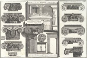 Różne rzymskie stolice jońskie w porównaniu z przykładami greckimi..., połowa XVIII wieku. autorstwa Giovanni Battista Piranesi