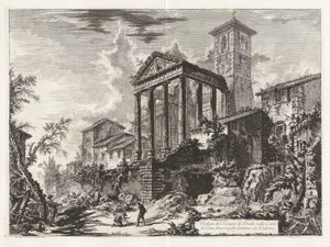 Widok Świątyni Herkulesa w Mieście? di Cora, dziesięć mil od Velletri (Widok na świątynię Herkulesa w Cori, dziesięć mil od Velletri), od Vedute di Roma (Widoki na Rzym) autorstwa Giovanni Battista Piranesi
