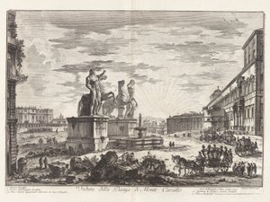 Widok na Piazza di Monte Cavallo (Widok na Piazza di Monte Cavallo [obecnie Piazza del Quirinale z Pałacem Kwirynalskim]), z Vedute di Roma (Widoki na Rzym) autorstwa Giovanni Battista Piranesi