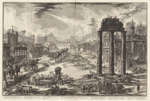 Veduta di Campo Vaccino (Widok na Campo Vaccino [Forum Rzymskie ze Świątynią Kastora i Polluksa po prawej]), z Vedute di Roma (Widoki na Rzym) autorstwa Giovanni Battista Piranesi