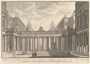 Widok na dziedziniec z loggią, fontannami, rzeźbami i innymi ozdobami Prospetto ..., ca. 1750. autorstwa Giovanni Battista Piranesi