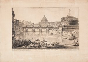 Widok na most i Zamek Świętego Anioła, mauzoleum Hadriana, z łodziami na Tybrze na pierwszym planie i kopułą Bazyliki św. Piotra w tle autorstwa Giovanni Battista Piranesi