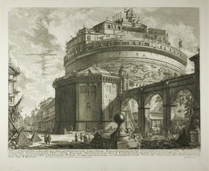 Widok na Mauzoleum cesarza Hadriana (obecnie Zamek Świętego Anioła) od tyłu, z Vedute di Roma (Widoki Rzymu) autorstwa Giovanni Battista Piranesi