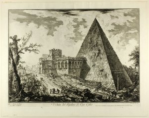 Widok na piramidalny grobowiec Cestiusza, z widoków Rzymu autorstwa Giovanni Battista Piranesi