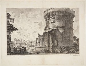 Widok na Grobowiec Plautów na drodze prowadzącej z Rzymu do Tivoli w pobliżu Ponte Lugano autorstwa Giovanni Battista Piranesi
