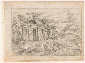 Krajobraz z zabytkową świątynią z kariatydami autorstwa Giovanni Battista Pittoni (I) (attributed to)