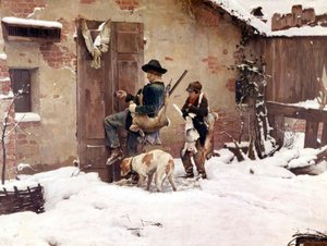 Powrót z polowania. Obraz G.Quadrone. 1890 Mediolan