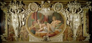 Danae, fragment schematu zdobniczego w Galerii Franciszka I, fresk z lat 1530-40 autorstwa Giovanni Battista Rosso Fiorentino