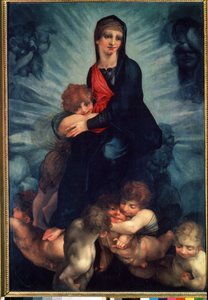 Dziewica i Dzieciątko z aniołami (Dziewica i Dzieciątko z aniołami). Obraz Fiorentino Rosso (1495-1540). olej na płótnie autorstwa Giovanni Battista Rosso Fiorentino