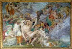 Śmierć Adonisa, fresk z piątej południowej trave galerii Franciszka I w Fontainebleau. Obraz Giovanniego Battisty di Jacopo Rosso (1494-1541)