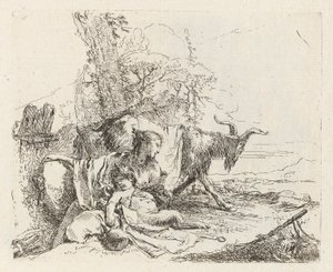 Nimfa z małym satyrem i dwiema kozami, z Vari capricci (Różne Capriccios) autorstwa Giovanni Battista Tiepolo