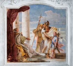 Eneida przedstawia Dido Kupidyna przebranego za Ascaniusza z Pokoju Eneidy w Palazzinie, 1757 autorstwa Giovanni Battista Tiepolo