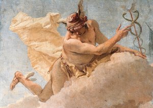 Rysunek Merkurego, z obrazu Merkury wzywający Eneasza do opuszczenia Kartaginy, z sali Eneidy w Palazzina, 1757 r. autorstwa Giovanni Battista Tiepolo