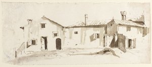 Budynki gospodarcze z otwartymi drzwiami, mostem i bramą autorstwa Giovanni Battista Tiepolo