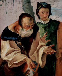 Freski przedstawiające sceny biblijne w Pałacu Biskupim Undine, scena: Rachela ukrywa bożki, detal: Jakub autorstwa Giovanni Battista Tiepolo
