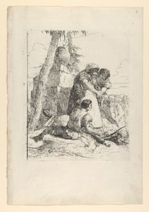 Iluzjonista wskazujący płonącą głowę dwóm młodzieńcom ze Scherzi, ok. godz. 1743-50. autorstwa Giovanni Battista Tiepolo