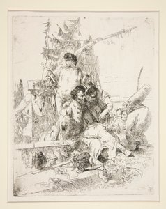 Punchinello rozmawiający z dwoma magami z serii Scherzi di Fantasia autorstwa Giovanni Battista Tiepolo