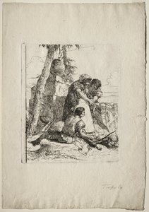 Scherzi di Fantasia: Magik wskazujący płonącą głowę dwóm młodzieńcom autorstwa Giovanni Battista Tiepolo