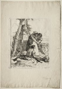 Scherzi di Fantasia: Magik wskazujący płonącą głowę dwóm młodzieńcom, lata 50. XVIII wieku. autorstwa Giovanni Battista Tiepolo