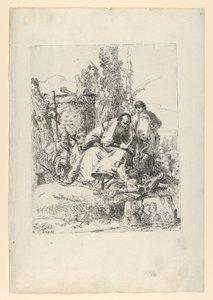 Siedzący magik, chłopiec i cztery postacie ze Scherzi di Fantasia, ca. 1743-50. autorstwa Giovanni Battista Tiepolo