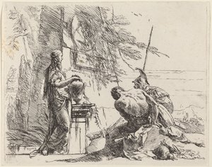 Stojąca kobieta i siedzący mężczyźni przed obeliskiem autorstwa Giovanni Battista Tiepolo