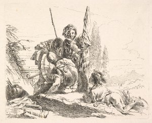 Trzech żołnierzy i młodzieniec leżący na brzuchu w krajobrazie, żołnierze niosą..., ca. 1740-42. autorstwa Giovanni Battista Tiepolo