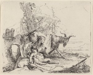 Kobieta, dziecko satyra i koza w krajobrazie autorstwa Giovanni Battista Tiepolo
