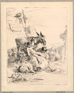 Kobieta z dwójką dzieci i osłem, tablica 21 ze Scherzi di Fantasia autorstwa Giovanni Battista Tiepolo