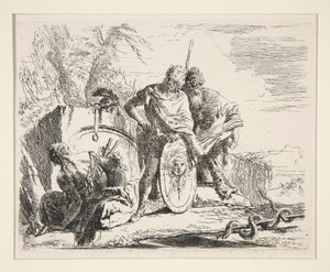 Młody żołnierz z filozofem i siedzącą kobietą, z serii Vari Capricci autorstwa Giovanni-Battista Tiepolo