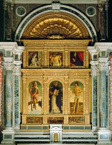 Zwiastowanie i Pieta, Święty Krzysztof, Święty Dominik i Święty Sebastian, predella: cuda Świętego Vincenzo Ferreri (obraz na drewnie) autorstwa Giovanni Bellini