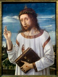 Christ Benching Obraz autorstwa Giovanniego Belliniego dit il Giambellino (1430-1516) 1460 nd.0,58x0,46 m - Błogosławieństwo Chrystusa. Obraz Giovanniego Belliniego zwany Giambellino (1430-1516) 1460. 0,58 x 0,46 m. Luwr, Paryż autorstwa Giovanni Bellini