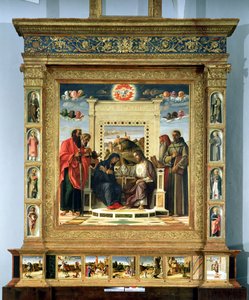 Koronacja Matki Boskiej Św. Paweł, Piotr, Hieronim i Franciszek z Asyżu ze scenami z życia świętych w panelu predella, znanym jako ołtarz Pala di Pesaro, c.1474 (olej na panelu autorstwa Giovanni Bellini