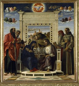 Koronacja Matki Boskiej Św. Paweł, Piotr, Hieronim i Franciszek z Asyżu ze scenami z życia świętych w panelu predella, znanym jako ołtarz „Pala di Pesaro”, ok. 1474 (olej na panelu) (patrz także 85578) autorstwa Giovanni Bellini