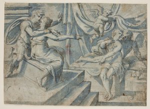 Zakochana para na łóżku zostaje ujawniona przez putto rzymskiemu żołnierzowi i jego żonie autorstwa Giovanni Bellini